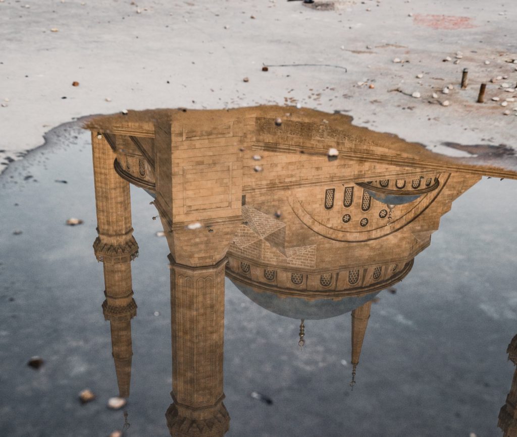 Water reflection of the Mohammad al-Amin mosque in Beirut, Lebanon.