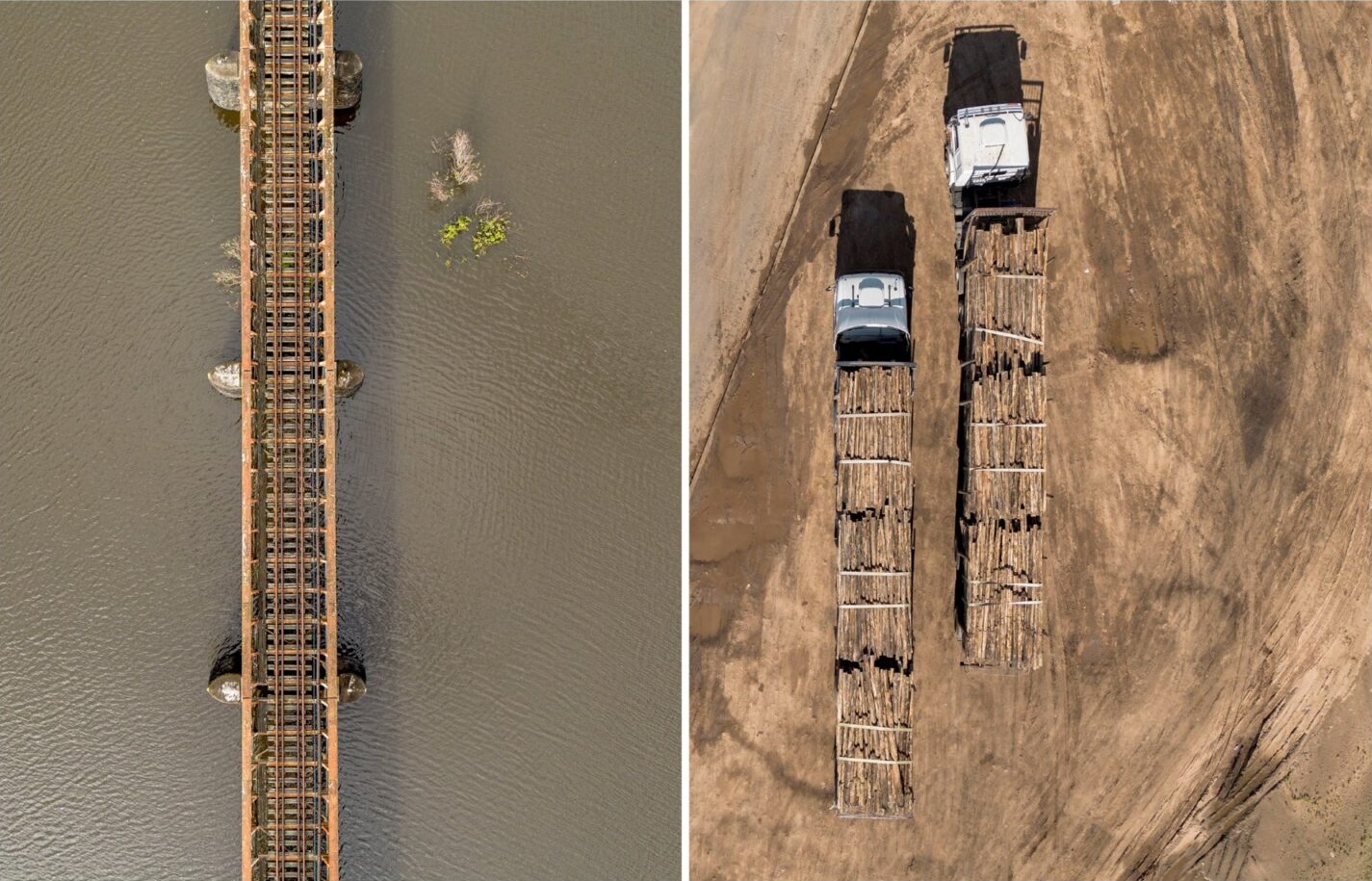 Two photos. Left: Aerial view of a railway line used in the middle of a river. Right: Aerial view of trucks transporting the logs.