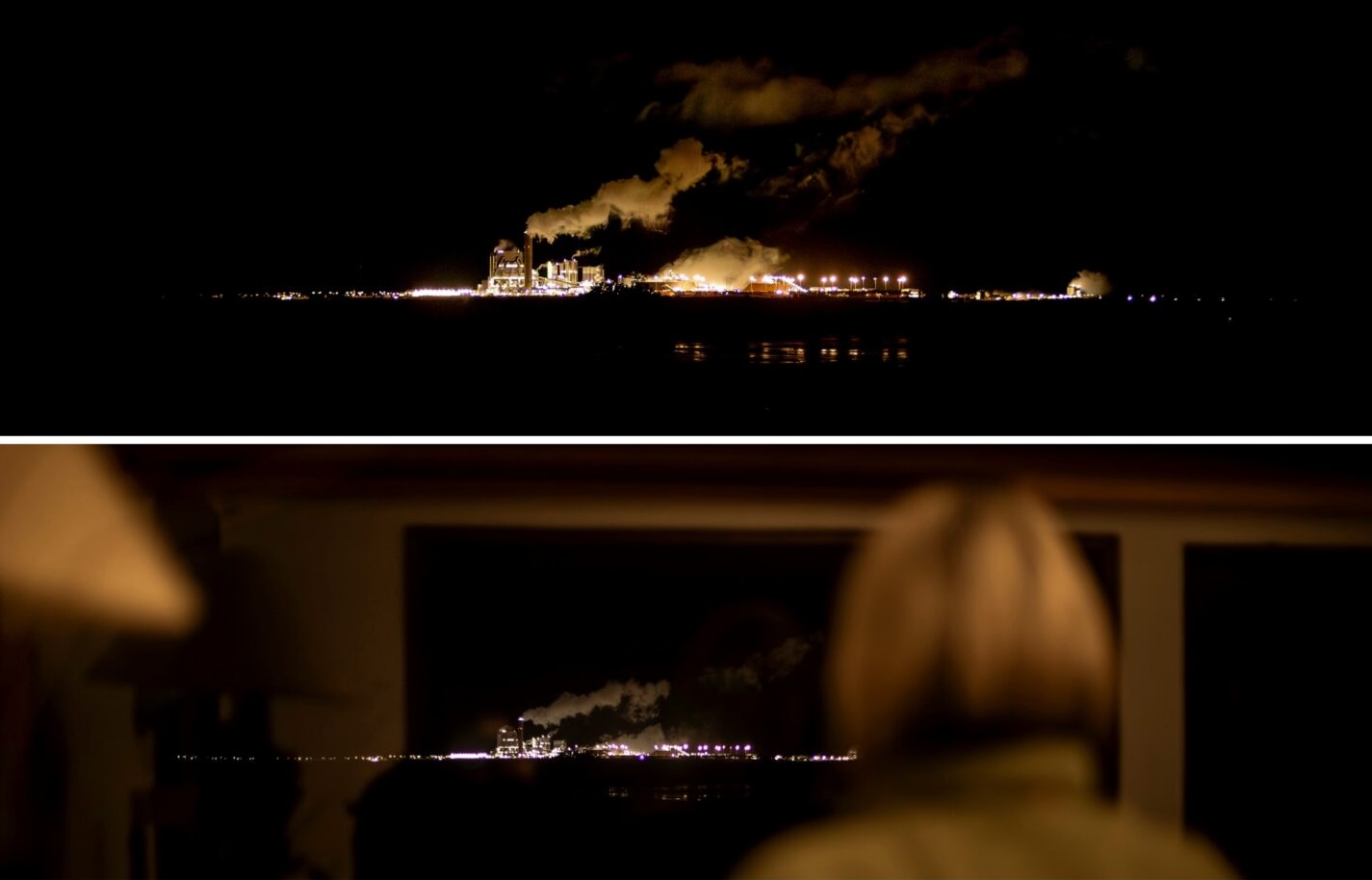 Two photos. First of is the night view of the UPM Paso de los Toros plant. 
Second of a woman looking at the plant from afar.