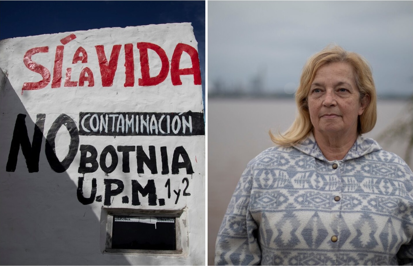 Two photos. Left: Left: Graffiti against pulp mills near the Uruguayan border.
Right: A portrait photo of a sustainable forest management activist - María Forte