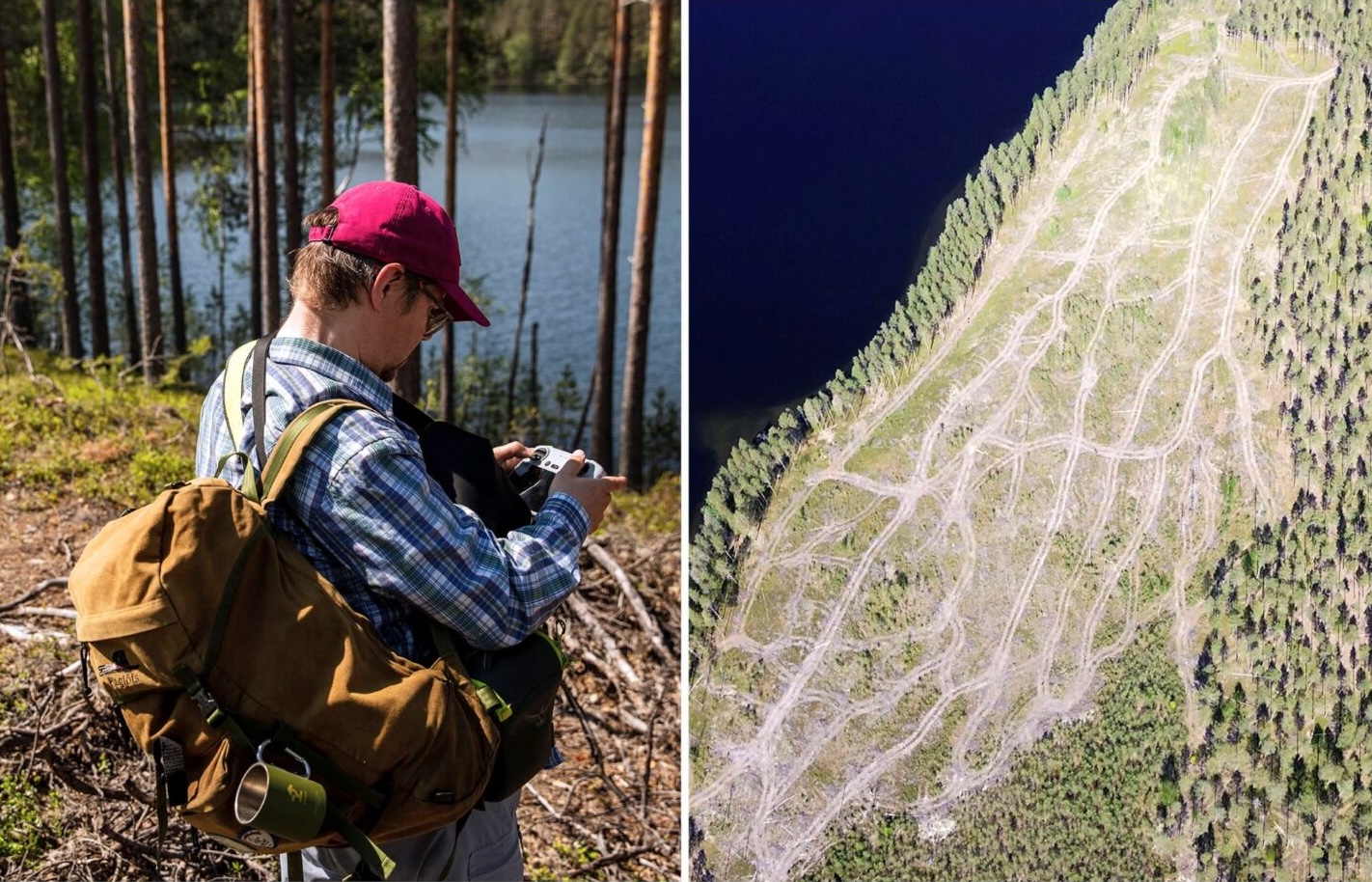 Two photos. Left: a man taking out his drone in the middle of a forest. Right: aerial view of the island of Rokansaari, southeast of Finland.