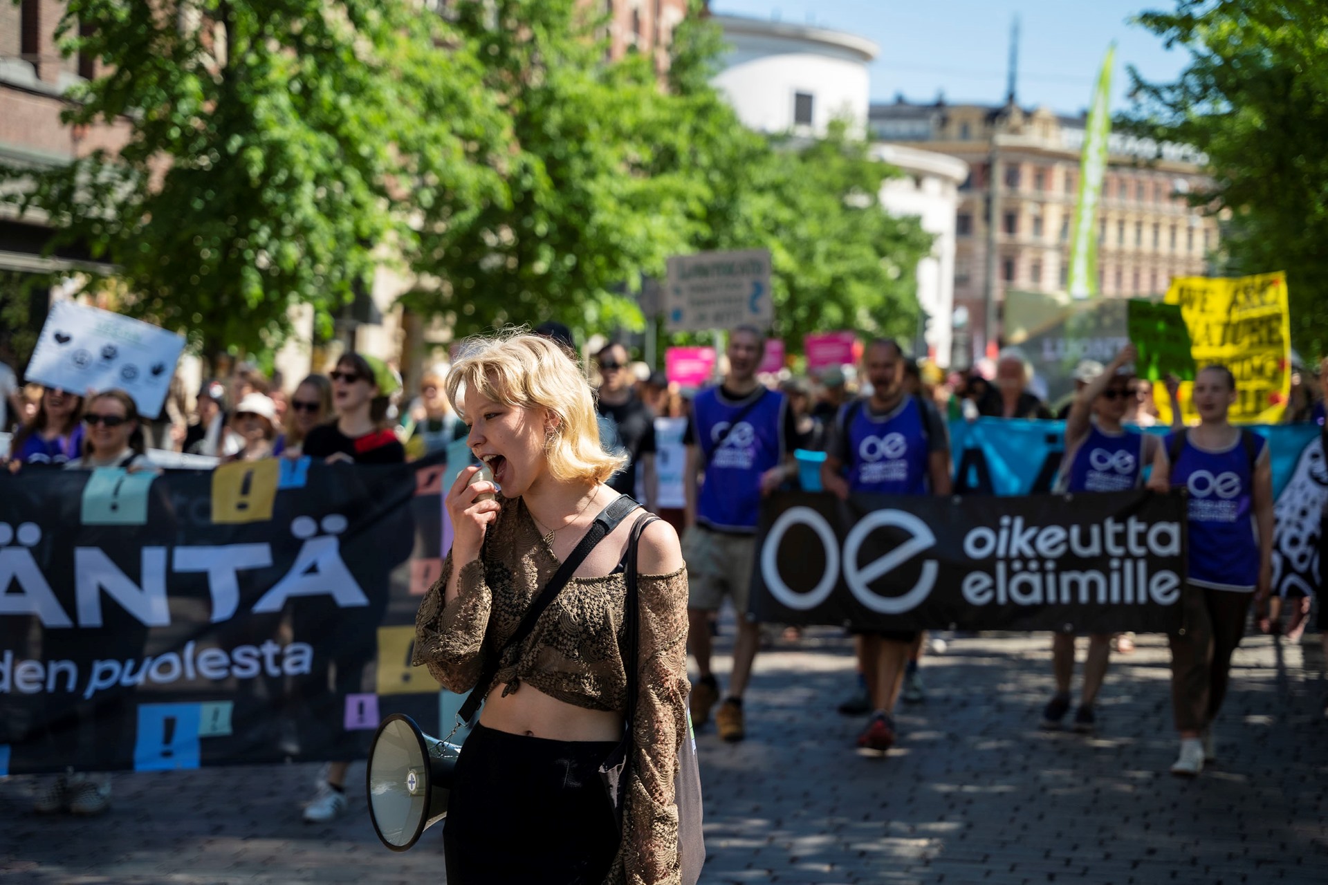 Final photo of a group of climate protestors advocating for the preservation of the forest ecosystem. A woman holding a megaphone.