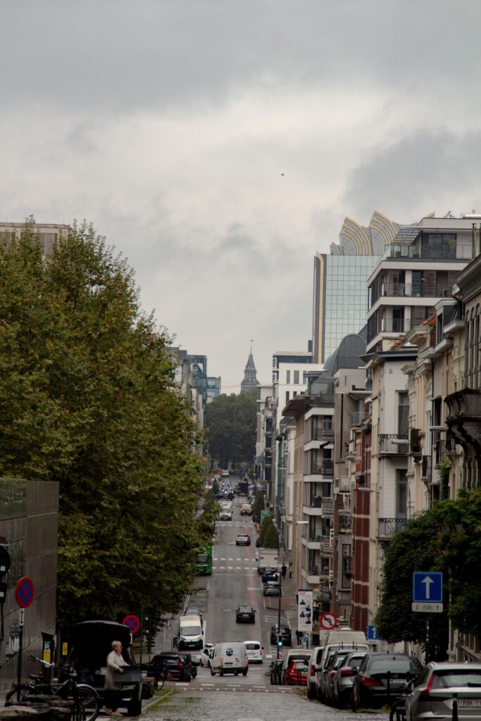 A photo of the street in European Quarter of Brussels - geographical center of European Green Deal. 