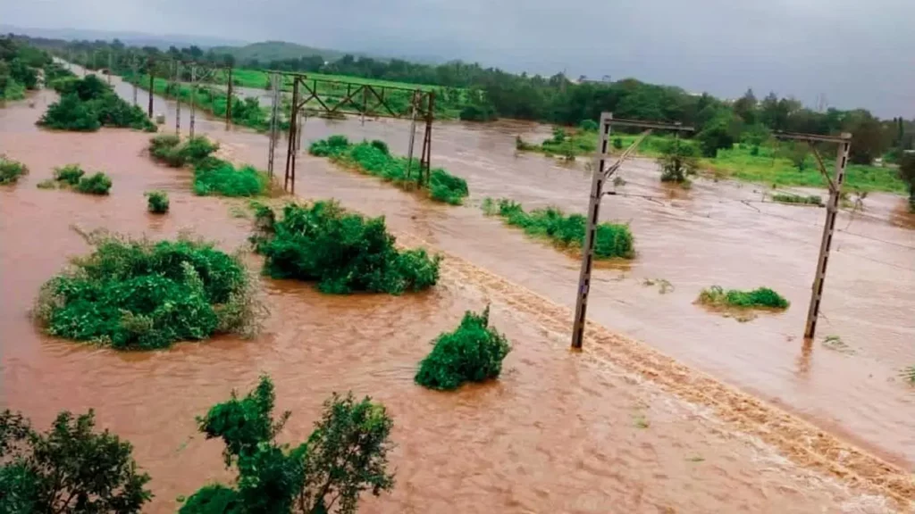 A screenshot from a video showing the streets of Maharashtra submerged due to heavy rainfall. 