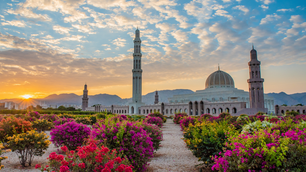 Photo of the Sultan Qaboos Grand Mosque in Muscat, Oman.