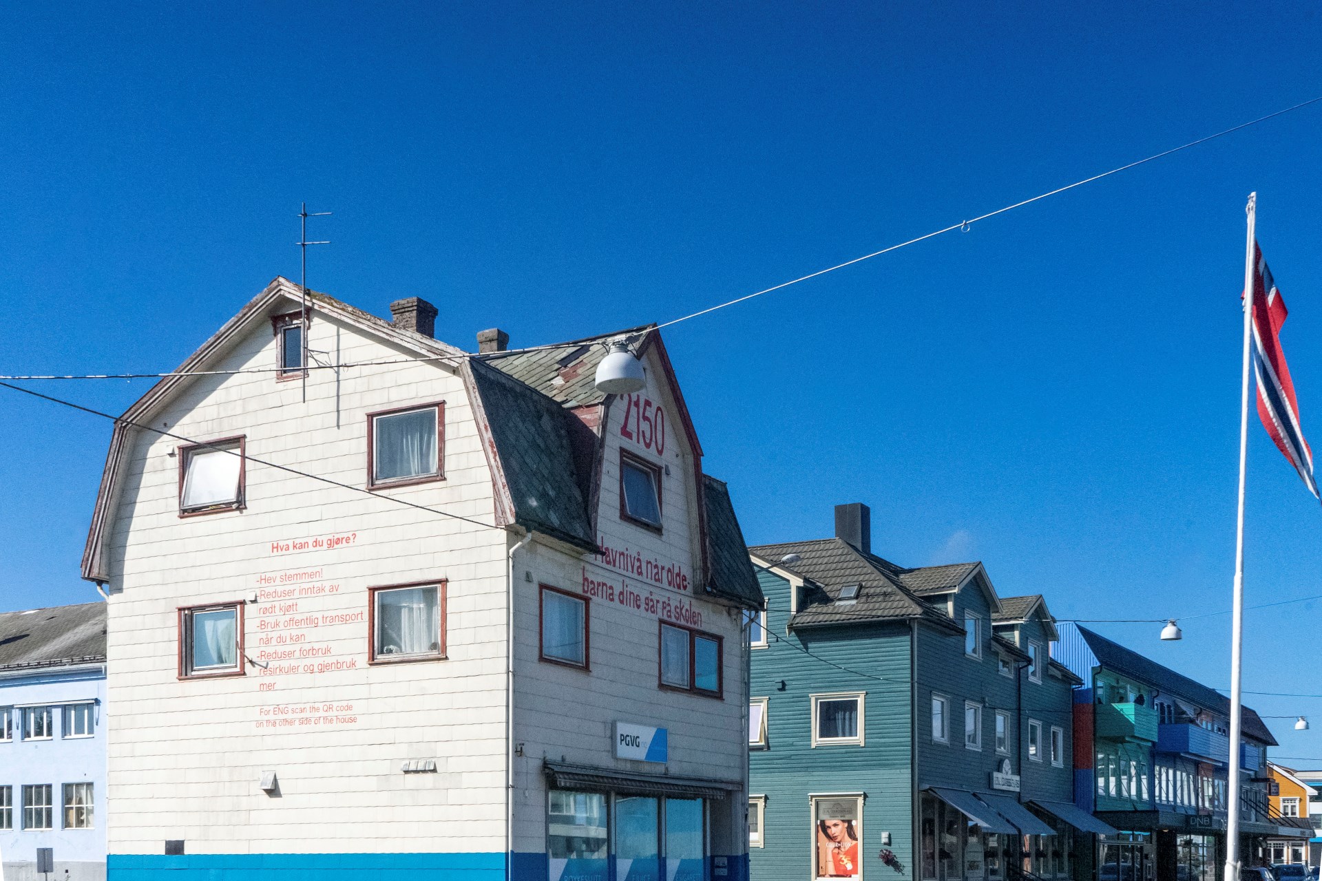 A street of picturesque wooden houses in central Sortland, Norway. 