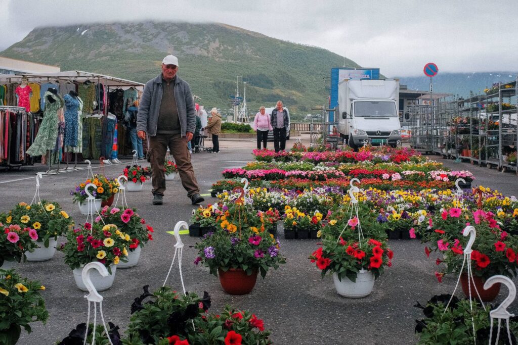 A trader watches over his flower stall in Sortland, Norway.