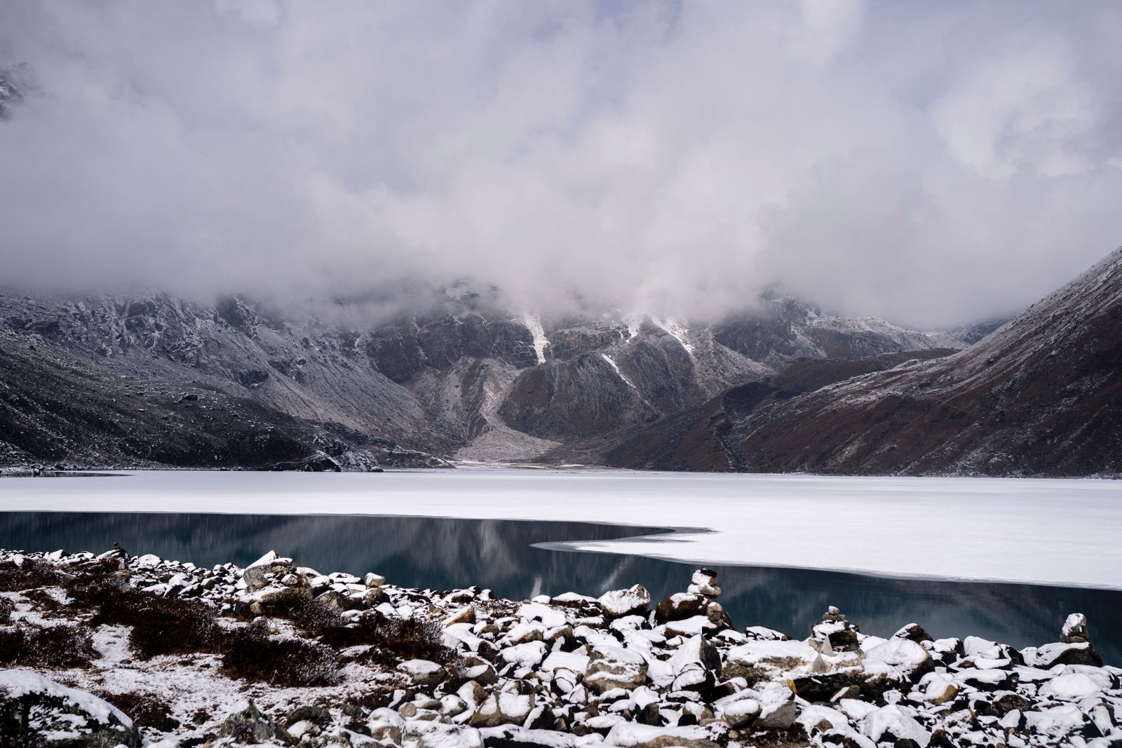 A landscape photo of the Gokyo Lakes, which are among the highest glacial-fed freshwater lakes.