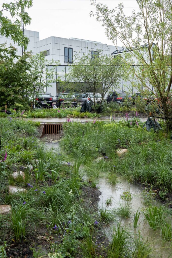 A photo of the storm drainage system in Copenhagen during the rain - protecting the area from flooding.